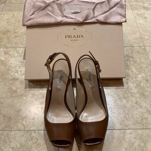 Prada Brown Leather Peep Toe Slingback Heels